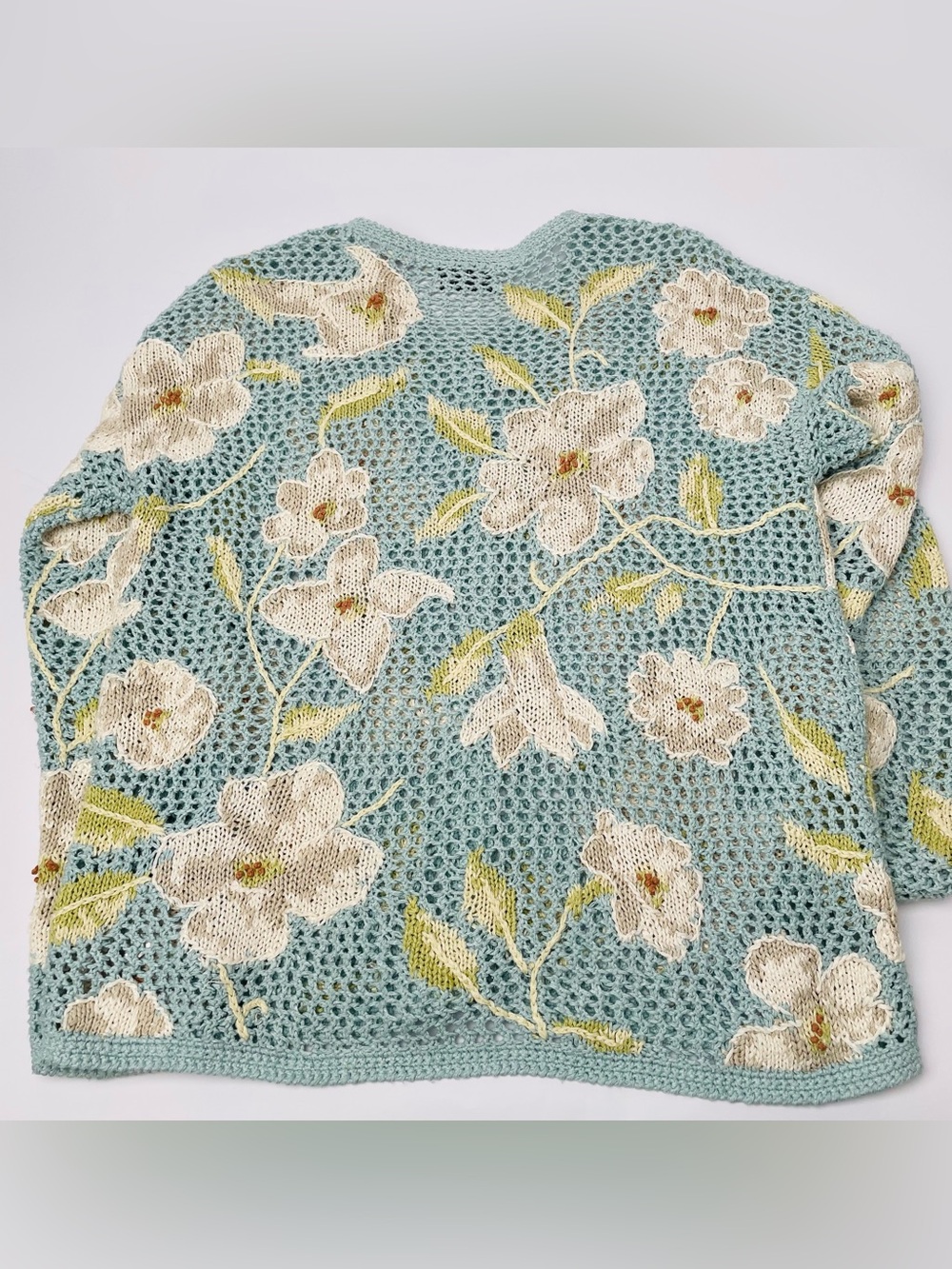 Vintage David Brooks Hand-Knitted Open-Weave Floral Cardigan Linen & Silk Blend - Picture 6 of 8
